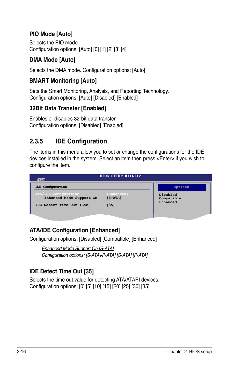 5 ide configuration, Pio mode [auto, Dma mode [auto | Smart monitoring [auto, 32bit data transfer [enabled, Ata/ide configuration [enhanced, Ide detect time out [35 | Asus P5KPL-AM/PS User Manual | Page 62 / 90