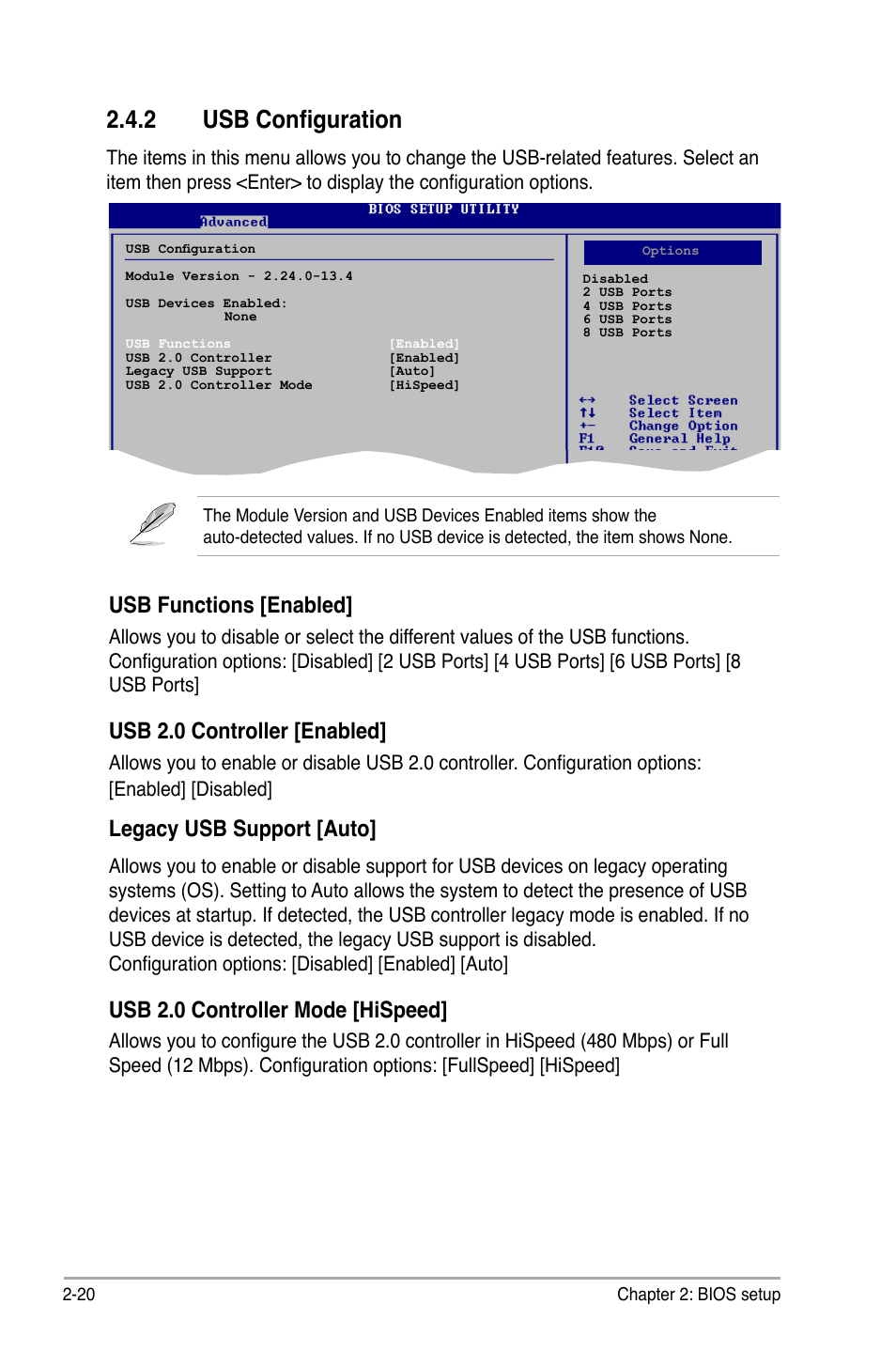 2 usb configuration, Usb functions [enabled, Usb 2.0 controller [enabled | Legacy usb support [auto, Usb 2.0 controller mode [hispeed | Asus P5KPL-AM/PS User Manual | Page 66 / 90