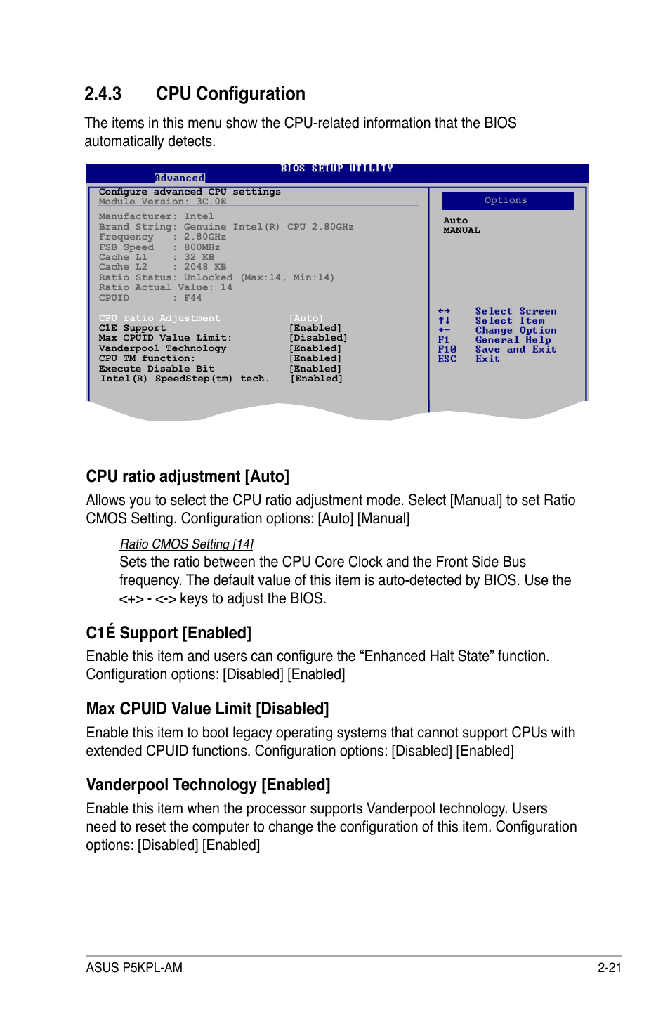 3 cpu configuration, Cpu ratio adjustment [auto, C1é support [enabled | Max cpuid value limit [disabled, Vanderpool technology [enabled | Asus P5KPL-AM/PS User Manual | Page 67 / 90