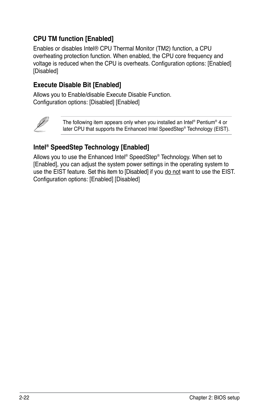 Cpu tm function [enabled, Execute disable bit [enabled, Intel | Speedstep technology [enabled | Asus P5KPL-AM/PS User Manual | Page 68 / 90