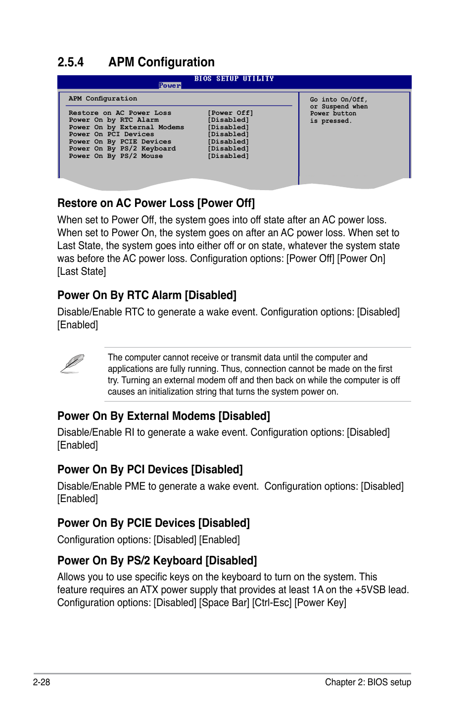 4 apm configuration, Restore on ac power loss [power off, Power on by rtc alarm [disabled | Power on by external modems [disabled, Power on by pci devices [disabled, Power on by pcie devices [disabled, Power on by ps/2 keyboard [disabled | Asus P5KPL-AM/PS User Manual | Page 74 / 90