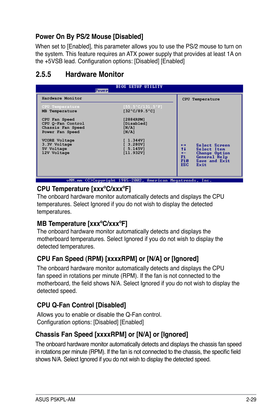 5 hardware monitor, Cpu temperature [xxxºc/xxxºf, Mb temperature [xxxºc/xxxºf | Cpu q-fan control [disabled, Power on by ps/2 mouse [disabled | Asus P5KPL-AM/PS User Manual | Page 75 / 90