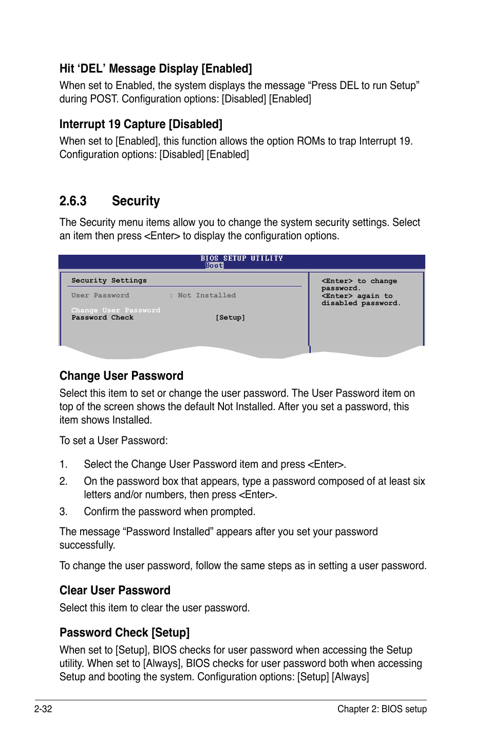 3 security, Hit ‘del’ message display [enabled, Interrupt 19 capture [disabled | Change user password, Clear user password, Password check [setup | Asus P5KPL-AM/PS User Manual | Page 78 / 90