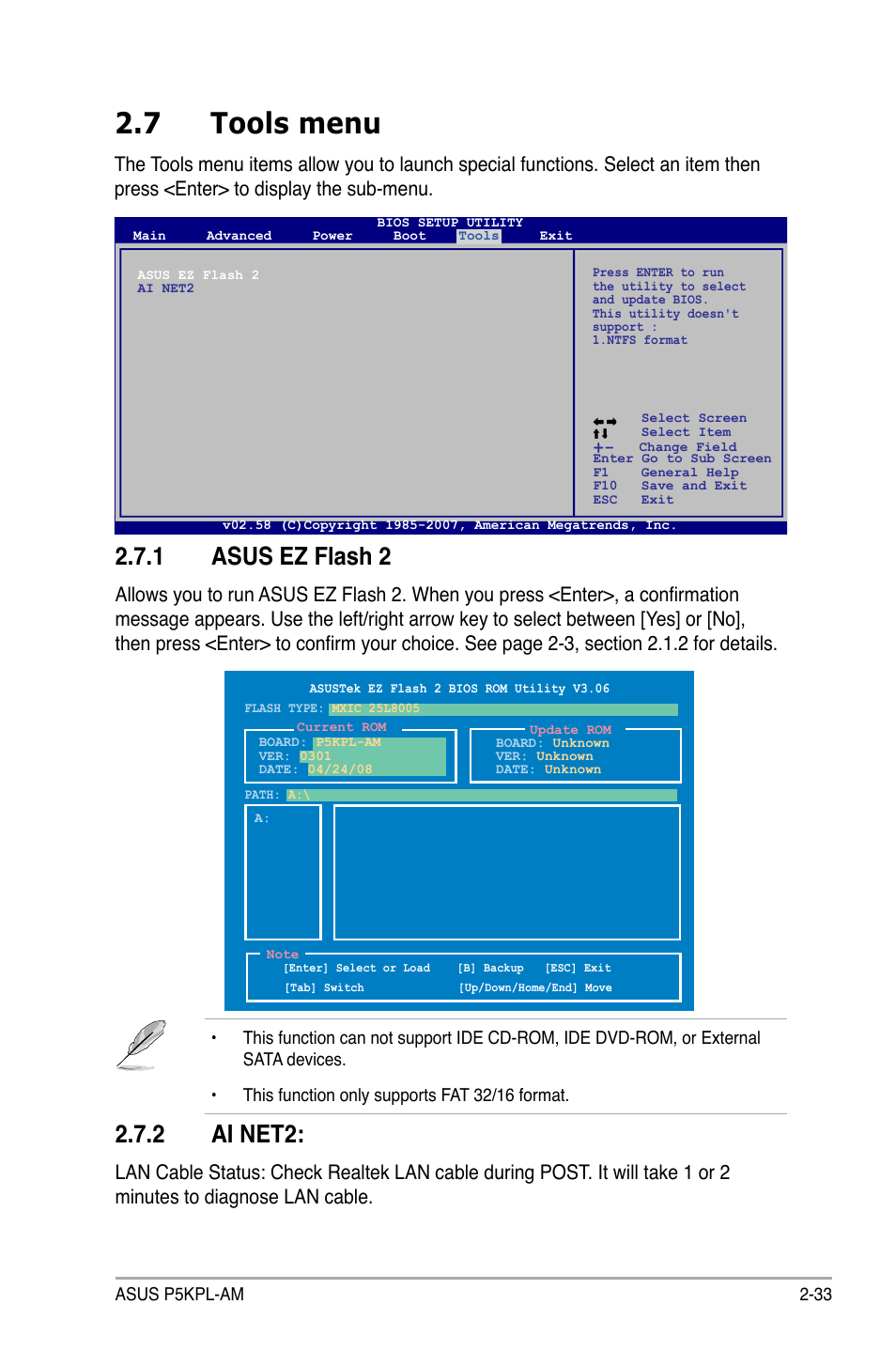 7 tools menu, 1 asus ez flash 2, 2 ai net2 | Asus P5KPL-AM/PS User Manual | Page 79 / 90