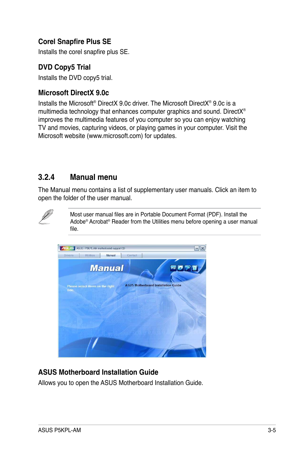 4 manual menu, Corel snapfire plus se, Dvd copy5 trial | Microsoft directx 9.0c, Asus motherboard installation guide | Asus P5KPL-AM/PS User Manual | Page 85 / 90