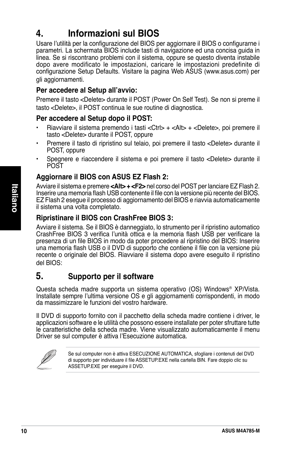 Informazioni sul bios, Italiano, Supporto per il software | Asus M4A785-M User Manual | Page 10 / 41