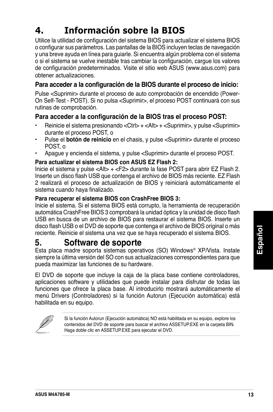 Información sobre la bios, Software de soporte, Español | Asus M4A785-M User Manual | Page 13 / 41