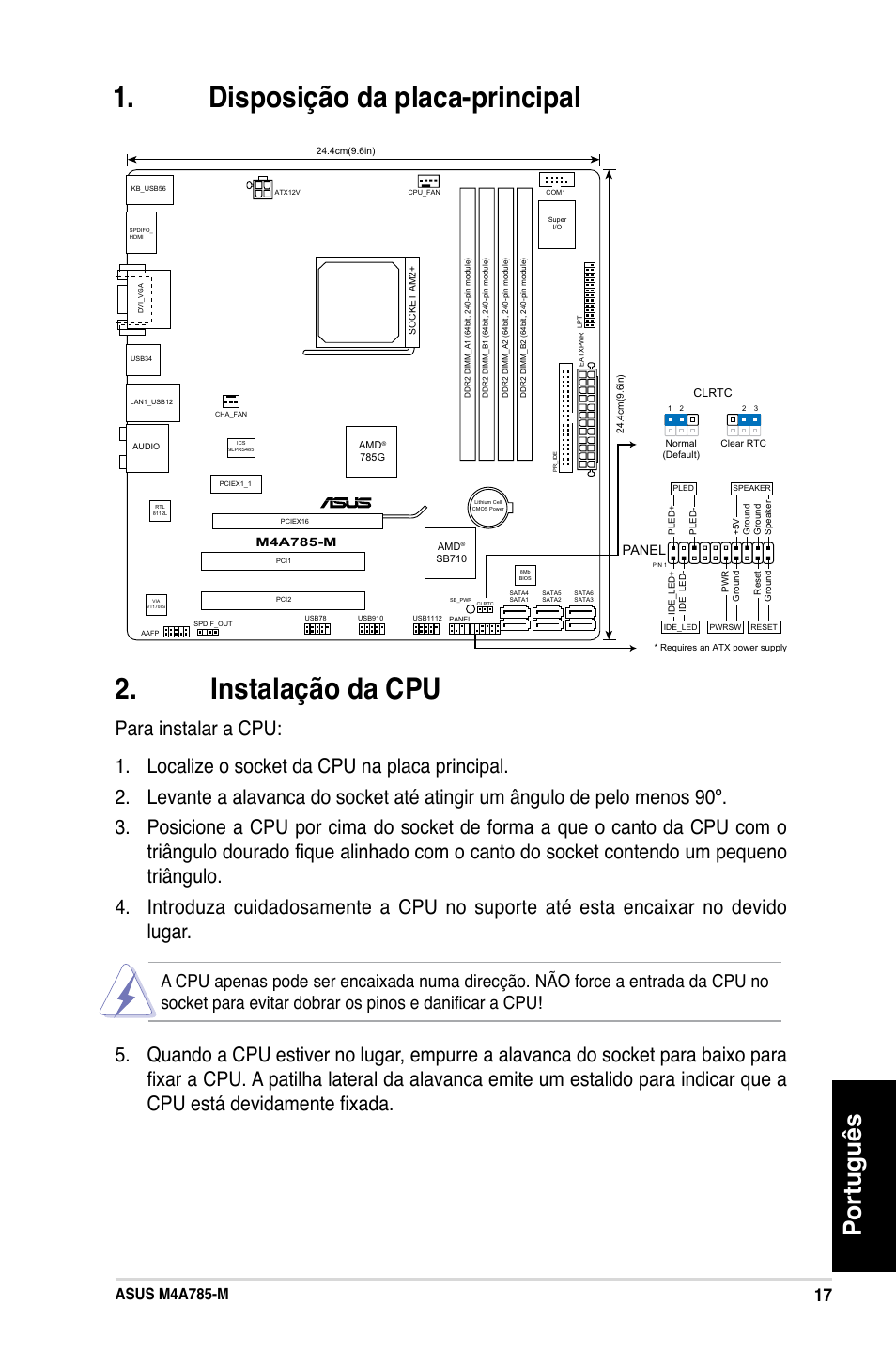 Disposição da placa-principal . instalação da cpu, Português, Asus m4a785-m | Panel | Asus M4A785-M User Manual | Page 17 / 41