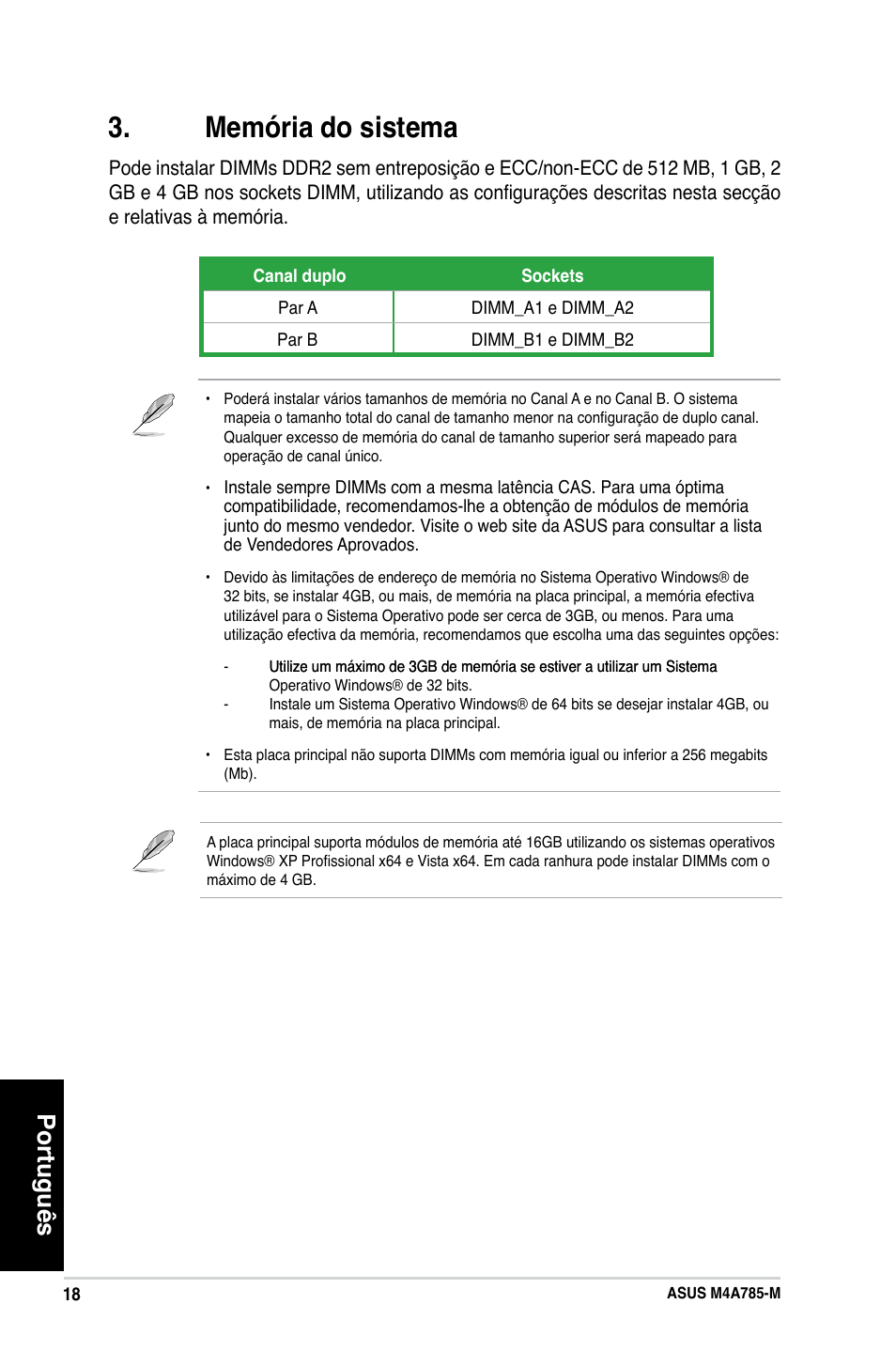 Memória do sistema, Português | Asus M4A785-M User Manual | Page 18 / 41