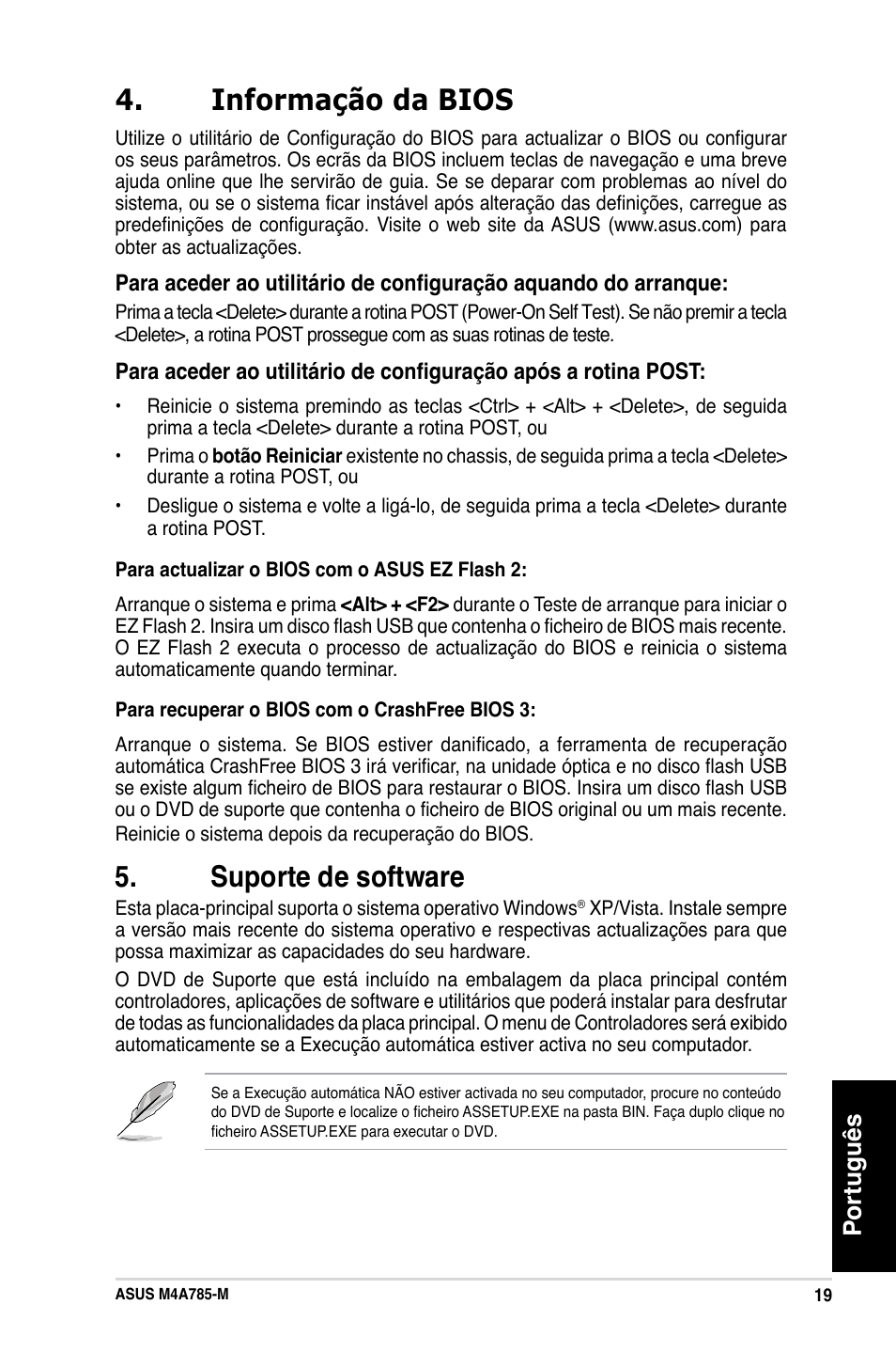 Informação da bios, Suporte de software, Português | Asus M4A785-M User Manual | Page 19 / 41