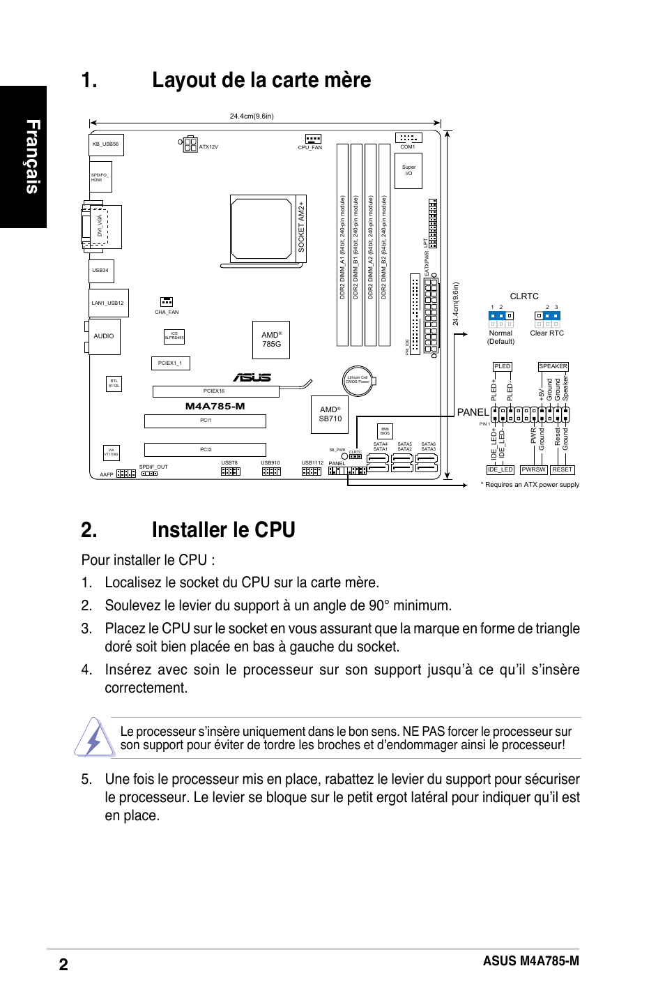 Installer le cpu, Layout de la carte mère, Français | Asus m4a785-m, Panel | Asus M4A785-M User Manual | Page 2 / 41