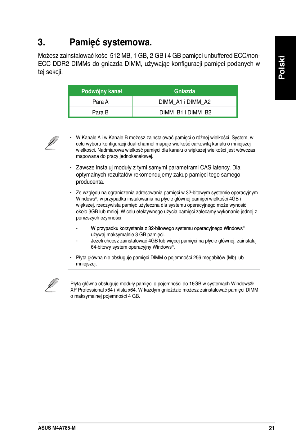 Pamięć systemowa, Polski | Asus M4A785-M User Manual | Page 21 / 41