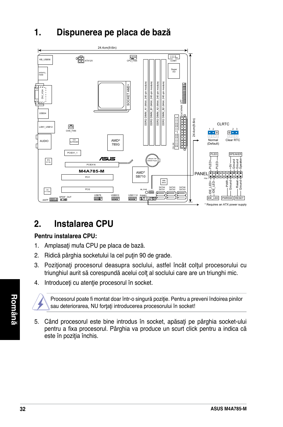 Dispunerea pe placa de bază . instalarea cpu, Română, Asus m4a785-m | Panel | Asus M4A785-M User Manual | Page 32 / 41