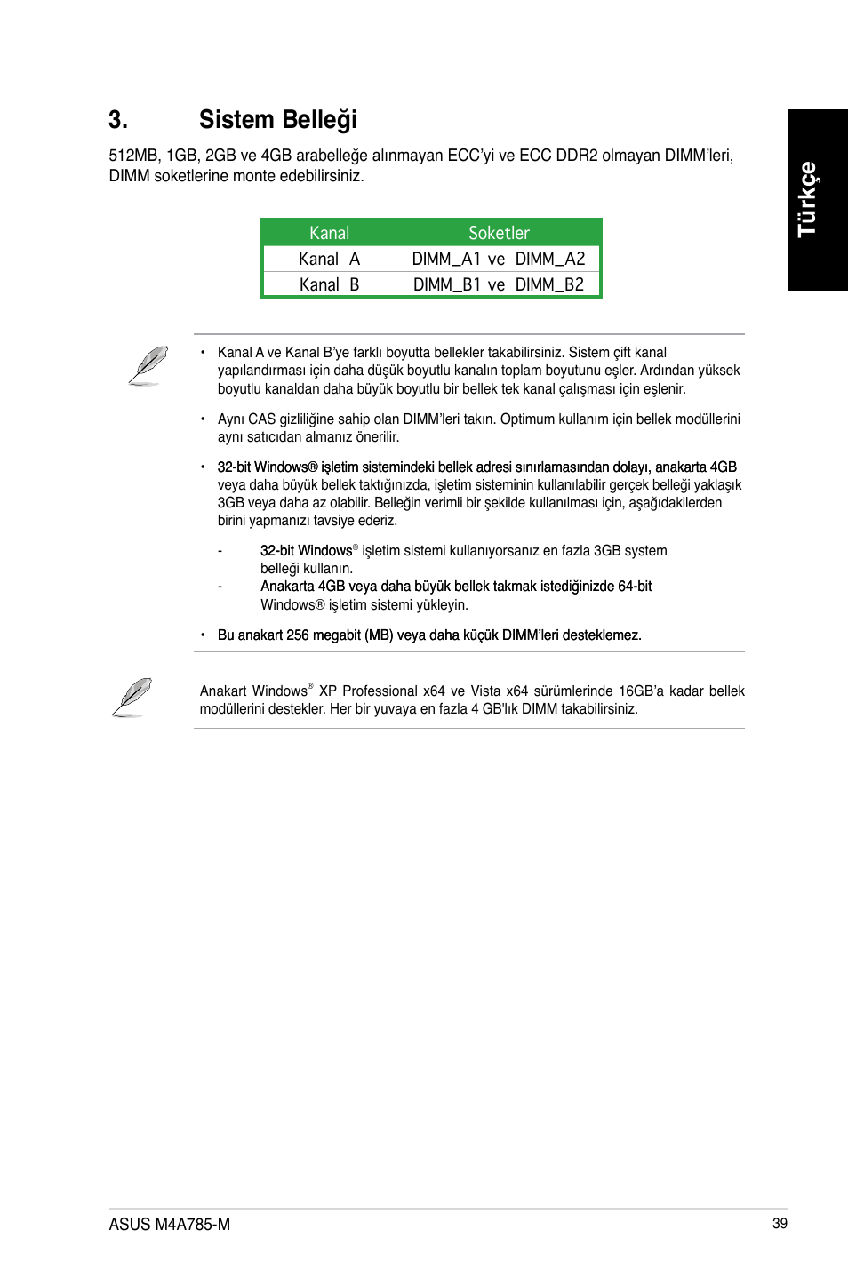 Sistem belleği, Türkçe | Asus M4A785-M User Manual | Page 39 / 41