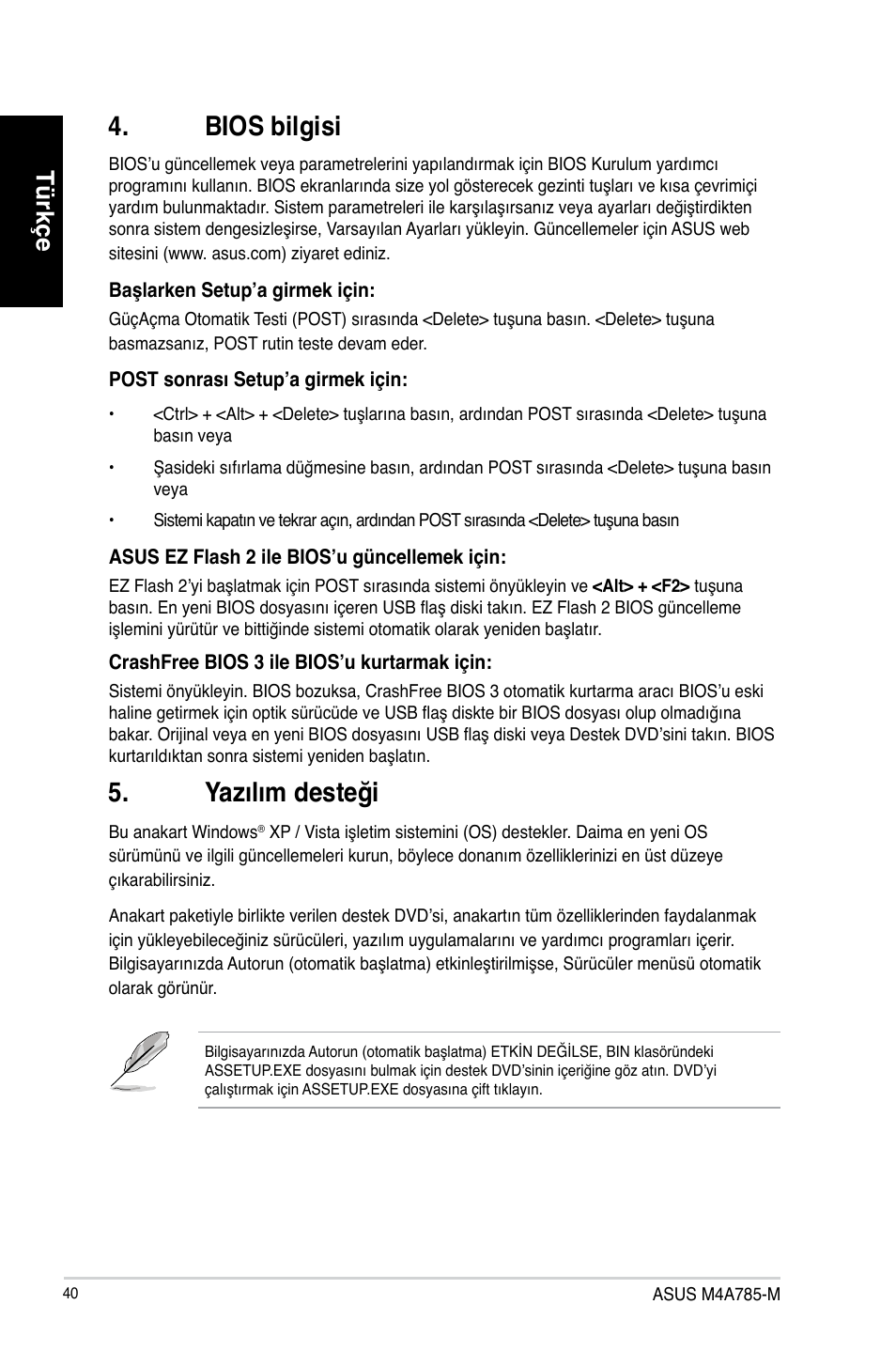 Bios bilgisi, Yazılım desteği, Türkçe | Asus M4A785-M User Manual | Page 40 / 41
