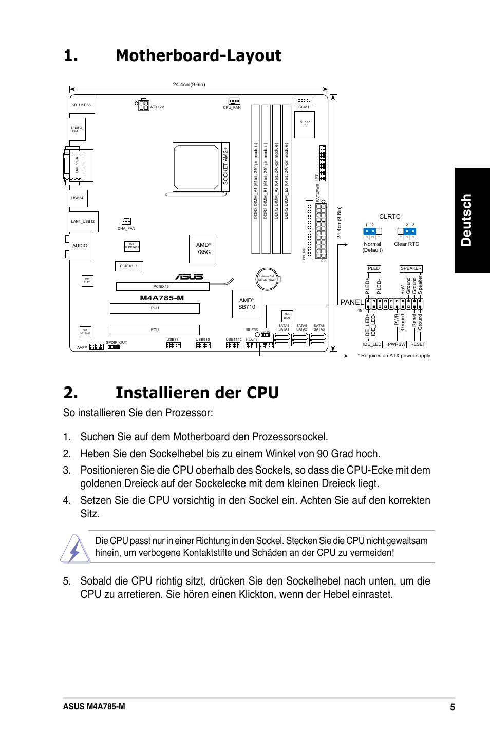 Motherboard-layout 2. installieren der cpu, Deutsch, Asus m4a785-m | Panel | Asus M4A785-M User Manual | Page 5 / 41