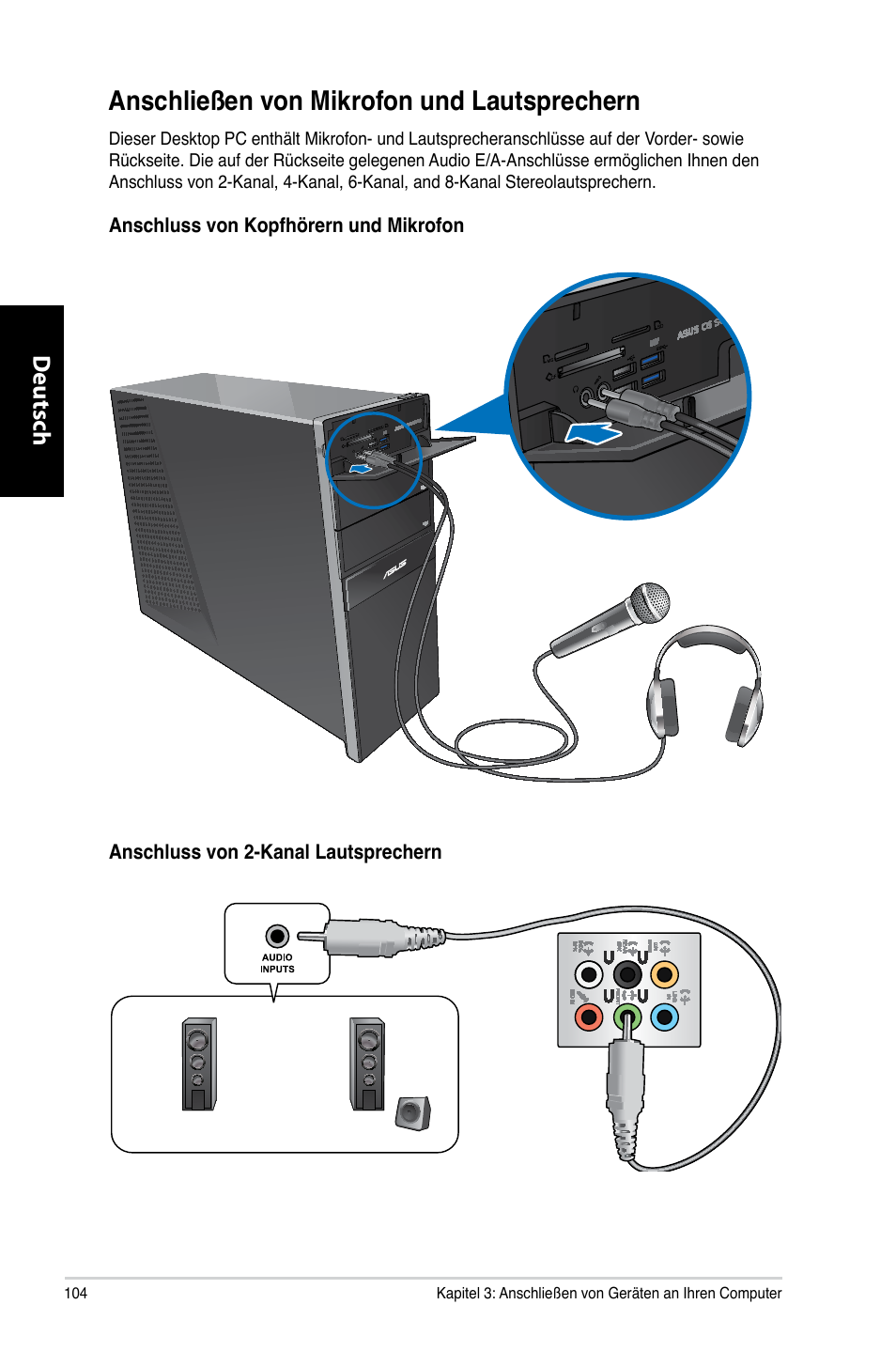 Anschließen von mikrofon und lautsprechern, Anschließen.von.mikrofon.und.lautsprechern | Asus CG8270 User Manual | Page 106 / 536