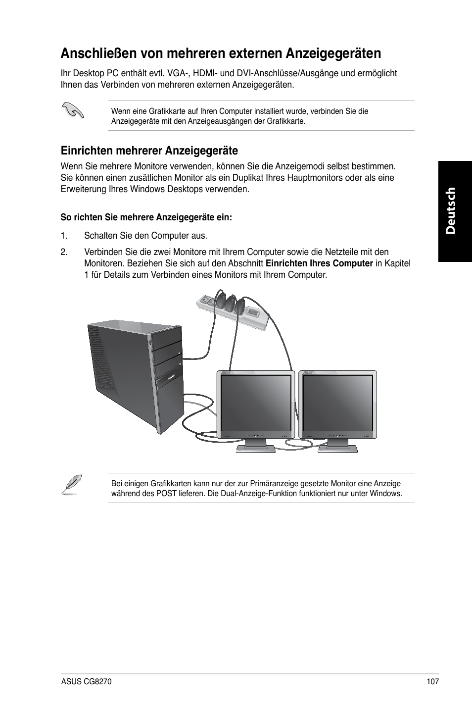 Anschließen von mehreren externen anzeigegeräten, Anschließen.von.mehreren.externen.anzeigegeräten, Deutsch d eutsch | Asus CG8270 User Manual | Page 109 / 536