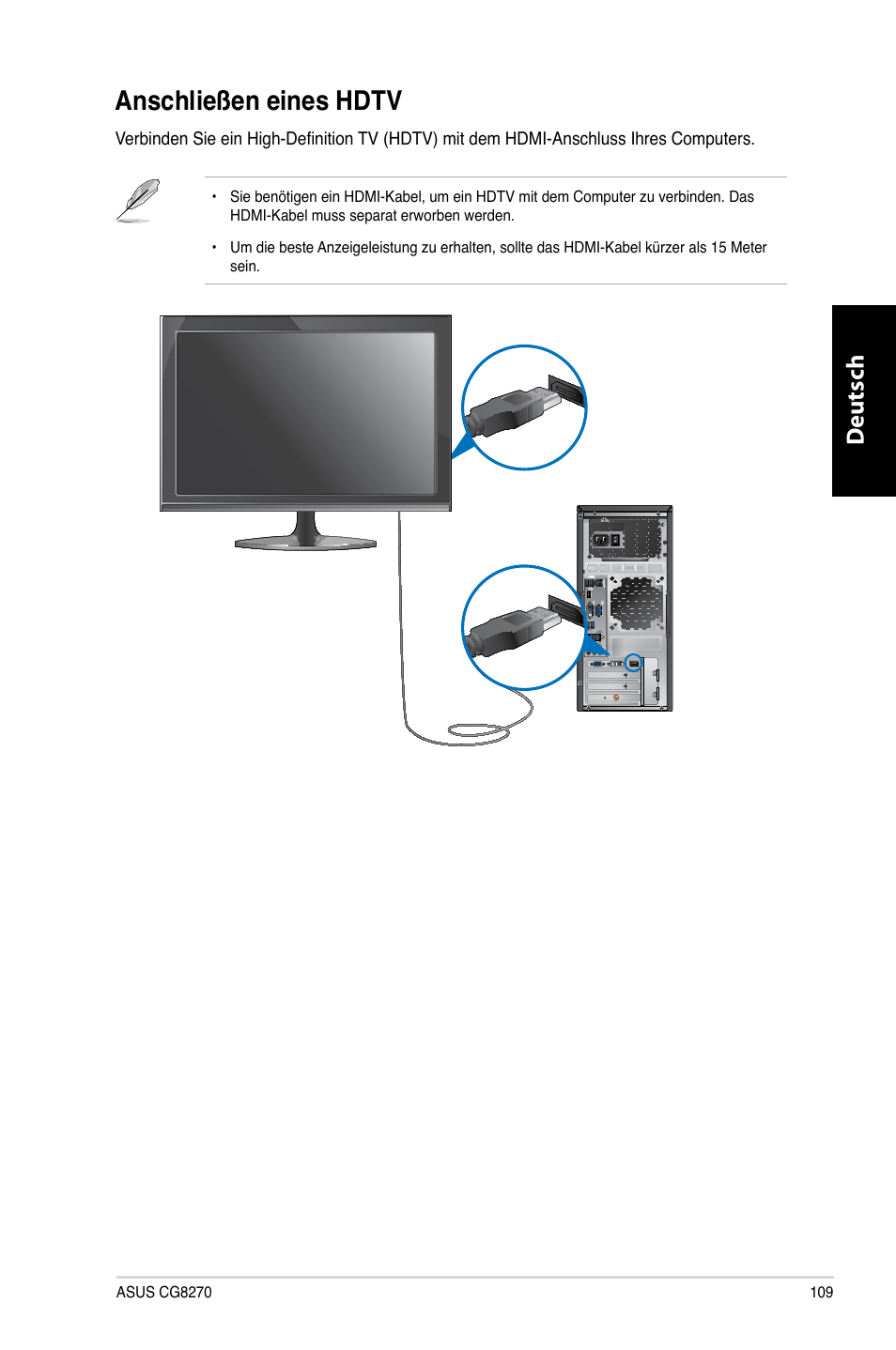 Anschließen eines hdtv, Anschließen.eines.hdtv, Deutsch d eutsch | Asus CG8270 User Manual | Page 111 / 536