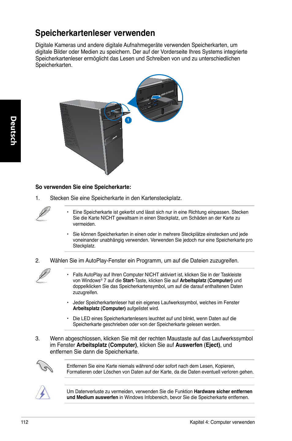 Speicherkartenleser verwenden, Speicherkartenleser.verwenden, Deutsch d eutsch d eutsch d eutsch | Asus CG8270 User Manual | Page 114 / 536