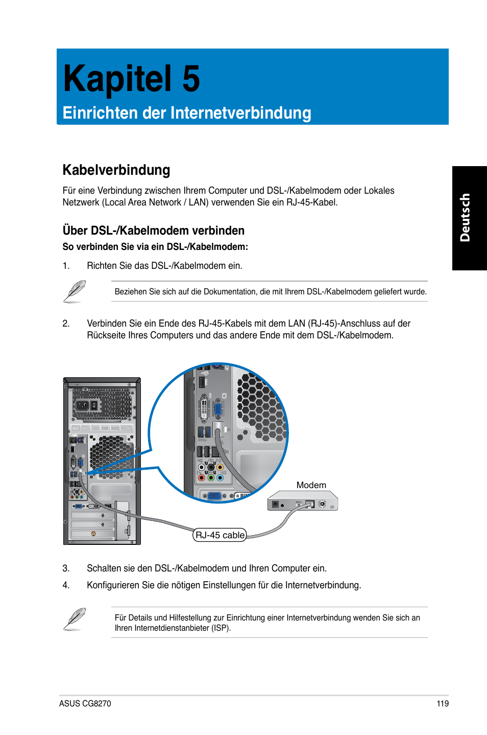 Kapitel 5, Einrichten der internetverbindung, Kabelverbindung | Kapitel.5, Einrichten.der.internetverbindung, Deutsch d eutsch | Asus CG8270 User Manual | Page 121 / 536