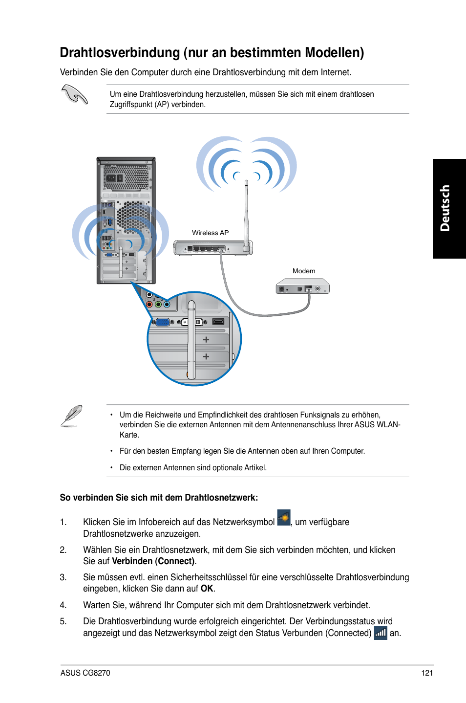 Drahtlosverbindung (nur an bestimmten modellen), Drahtlosverbindung.(nur.an.bestimmten.modellen), Deutsch d eutsch | Asus CG8270 User Manual | Page 123 / 536