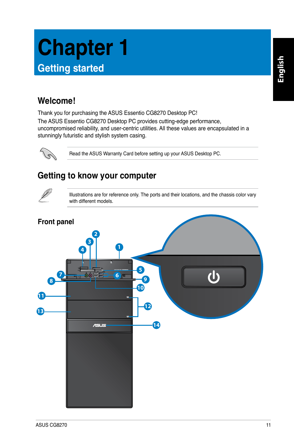 Chapter 1, Getting started, Welcome | Getting to know your computer, Chapter.1, Getting.started, Welcome! getting to know your computer, English | Asus CG8270 User Manual | Page 13 / 536