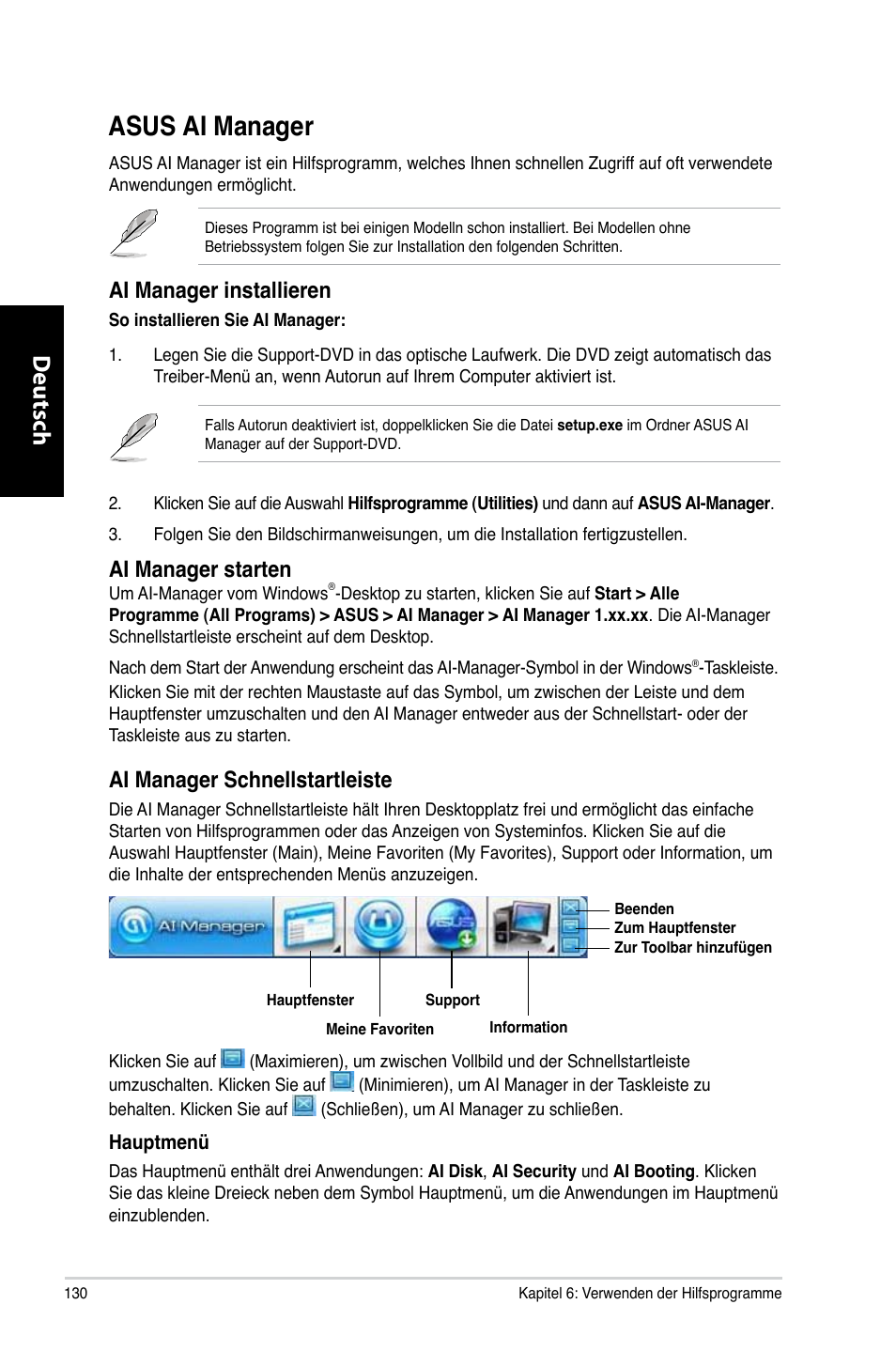 Asus ai manager, Asus.ai.manager, Deutsch d eutsch d eutsch d eutsch | Ai.manager.installieren, Ai.manager.starten, Ai.manager.schnellstartleiste | Asus CG8270 User Manual | Page 132 / 536