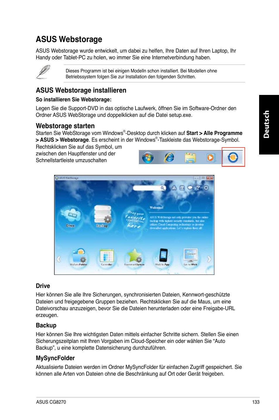 Asus webstorage, Asus.webstorage, Deutsch d eutsch | Asus.webstorage.installieren, Webstorage.starten | Asus CG8270 User Manual | Page 135 / 536