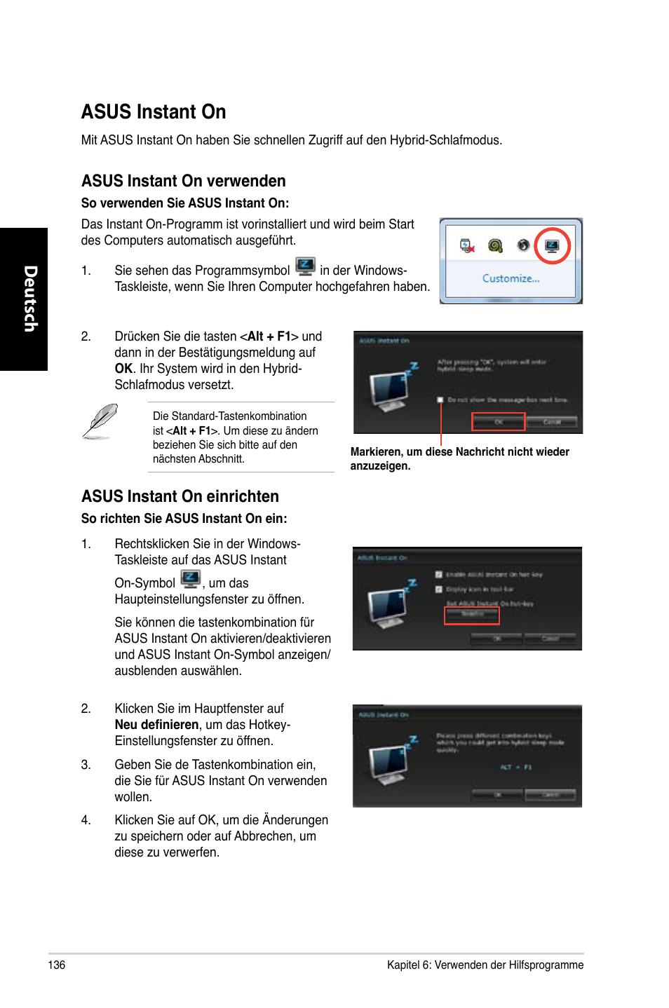 Asus instant on, Asus.instant.on, Deutsch d eutsch d eutsch d eutsch | Asus.instant.on.verwenden, Asus.instant.on.einrichten | Asus CG8270 User Manual | Page 138 / 536