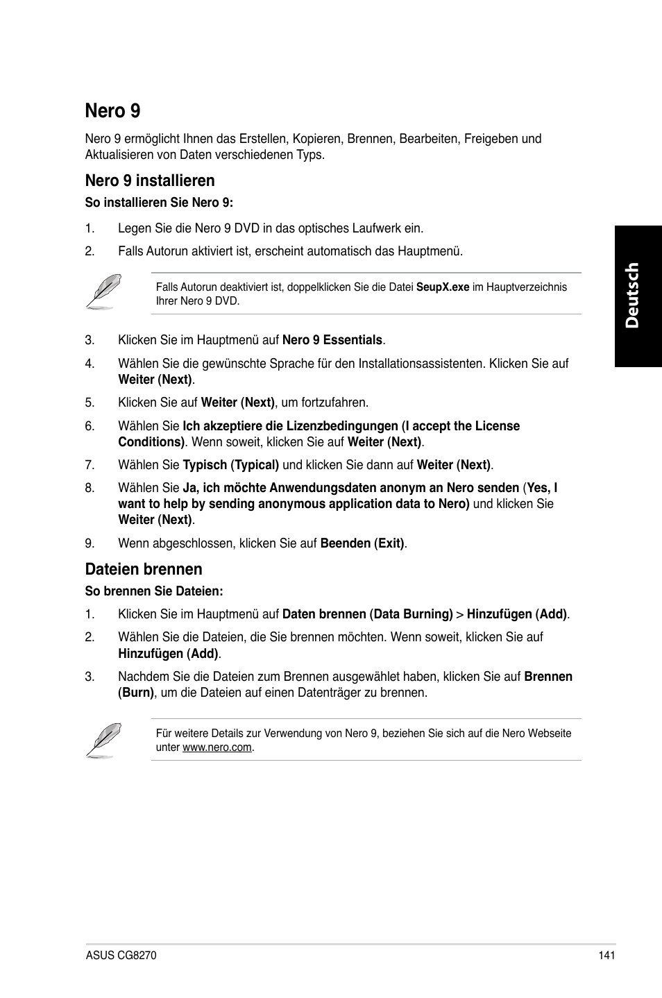 Nero 9, Nero.9, Deutsch d eutsch | Nero.9.installieren, Dateien.brennen | Asus CG8270 User Manual | Page 143 / 536