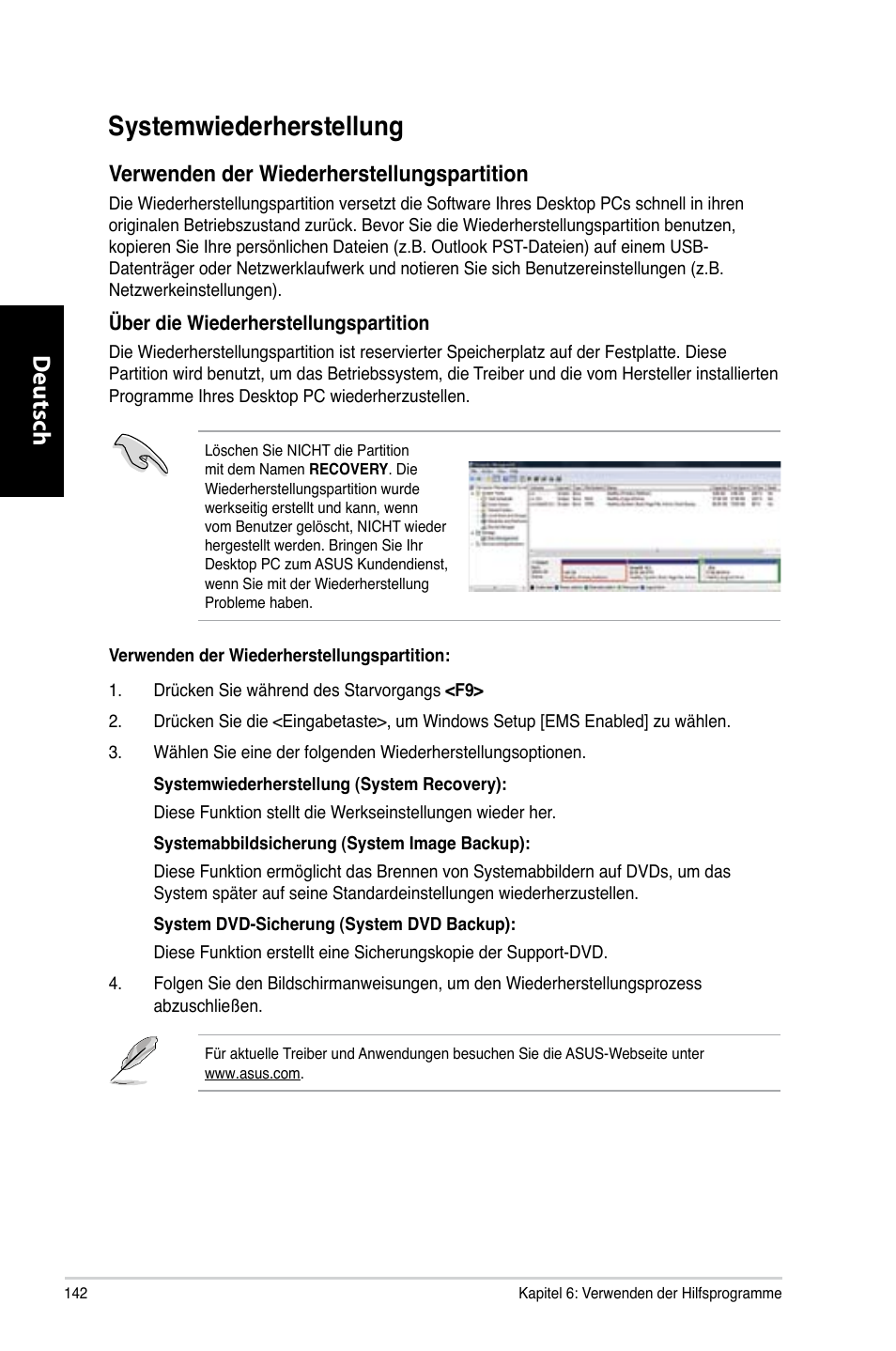 Systemwiederherstellung, Deutsch d eutsch d eutsch d eutsch, Verwenden.der.wiederherstellungspartition | Asus CG8270 User Manual | Page 144 / 536