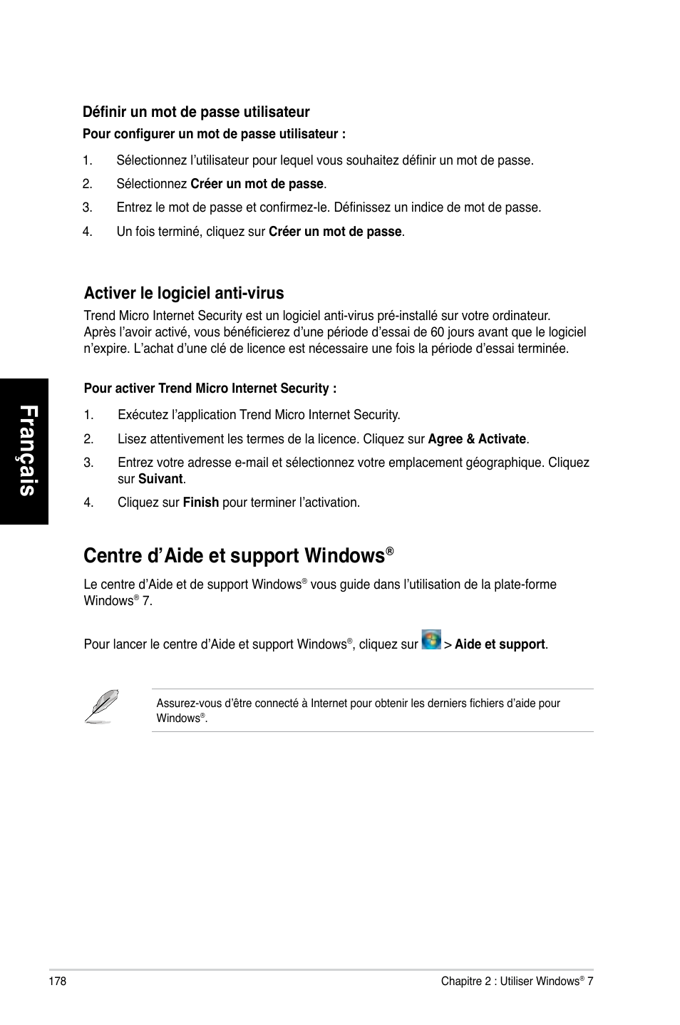 Centre d’aide et support windows, Fr an ça is fra nç ais, Centre.d’aide.et.support.windows | Activer.le.logiciel.anti-virus | Asus CG8270 User Manual | Page 180 / 536