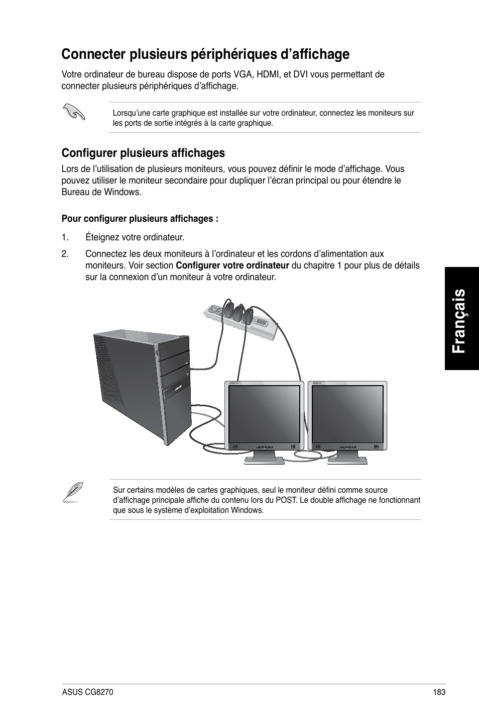 Connecter plusieurs périphériques d’affichage, Fr an ça is fra nç ais | Asus CG8270 User Manual | Page 185 / 536