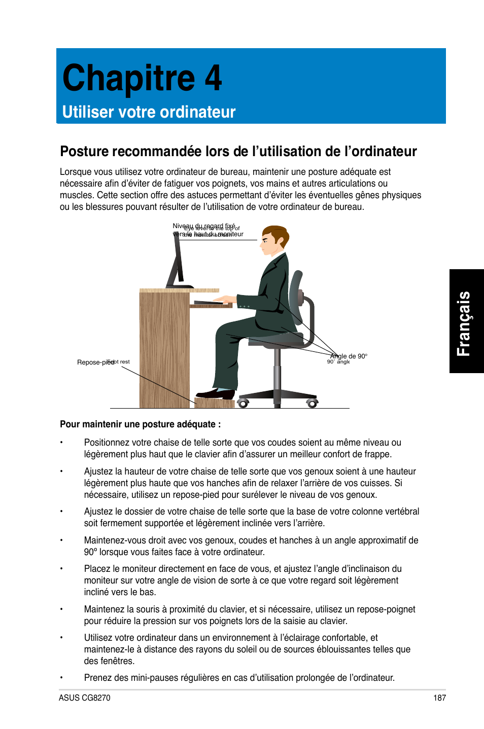 Chapitre 4, Utiliser votre ordinateur, Chapitre.4 | Utiliser.votre.ordinateur, Fr an ça is fra nç ais | Asus CG8270 User Manual | Page 189 / 536