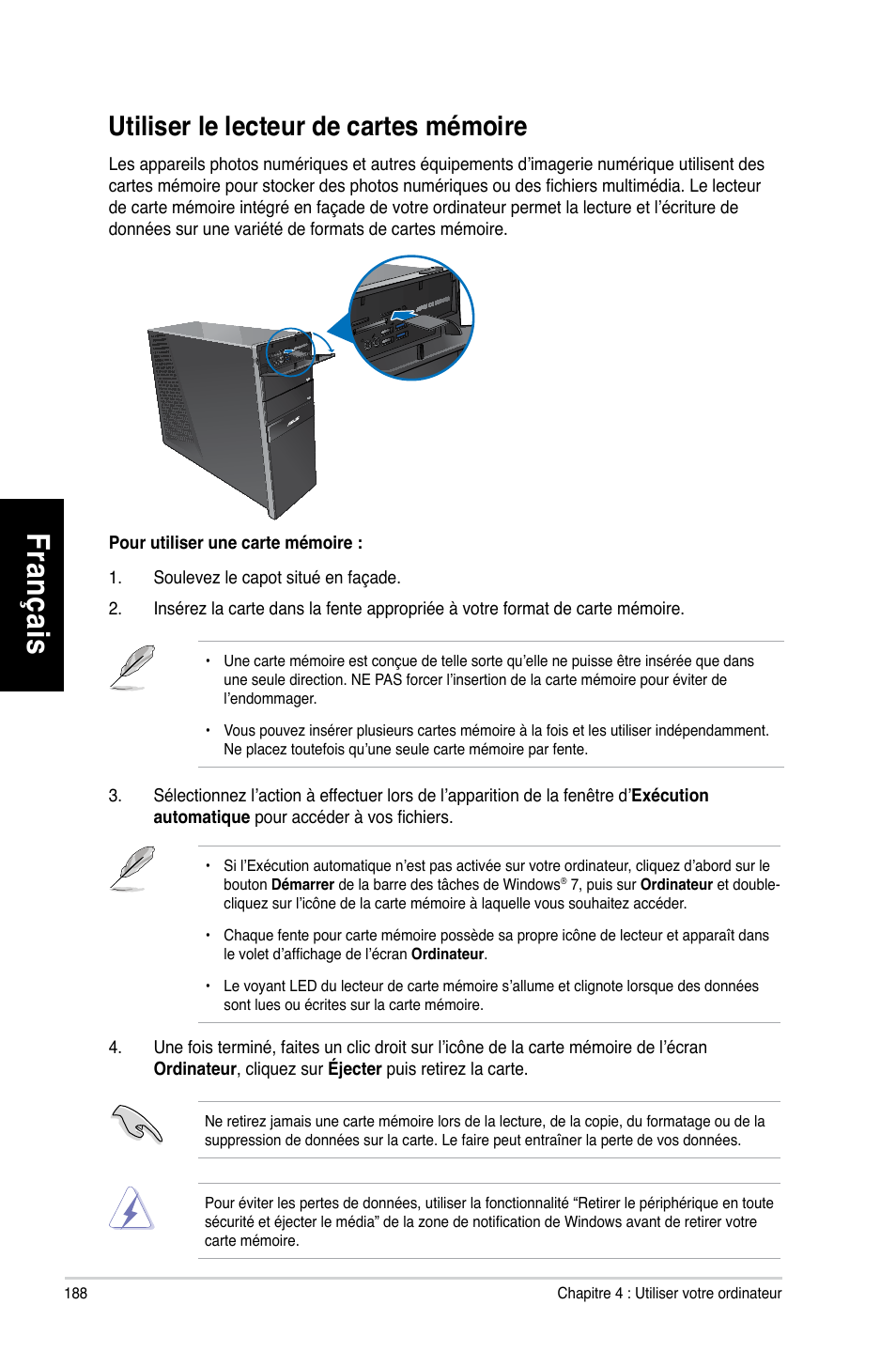 Utiliser le lecteur de cartes mémoire, Fr an ça is fra nç ais fr an ça is fra nç ais, Utiliser.le.lecteur.de.cartes.mémoire | Asus CG8270 User Manual | Page 190 / 536