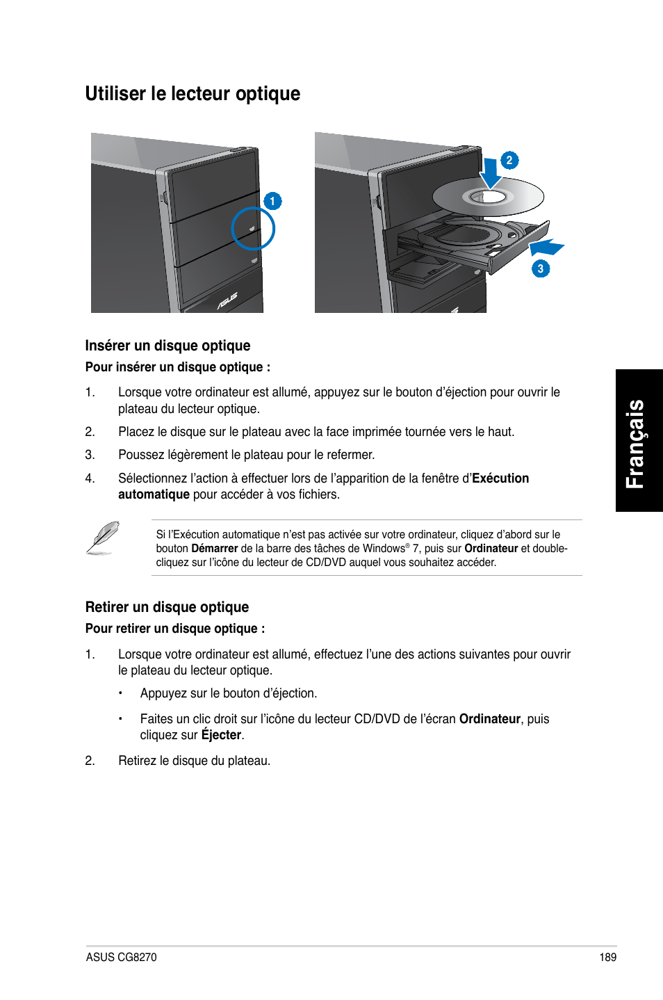 Utiliser le lecteur optique, Fr an ça is fra nç ais, Utiliser.le.lecteur.optique | Asus CG8270 User Manual | Page 191 / 536