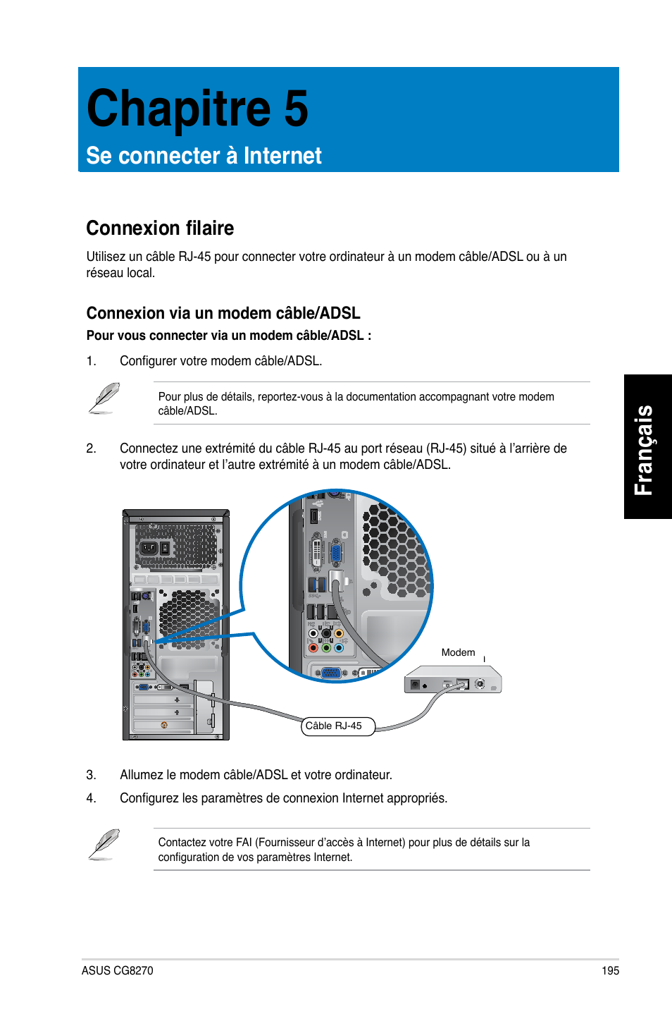 Chapitre 5, Se connecter à internet, Connexion filaire | Chapitre.5, Se.connecter.à.internet, Fr an ça is fra nç ais | Asus CG8270 User Manual | Page 197 / 536