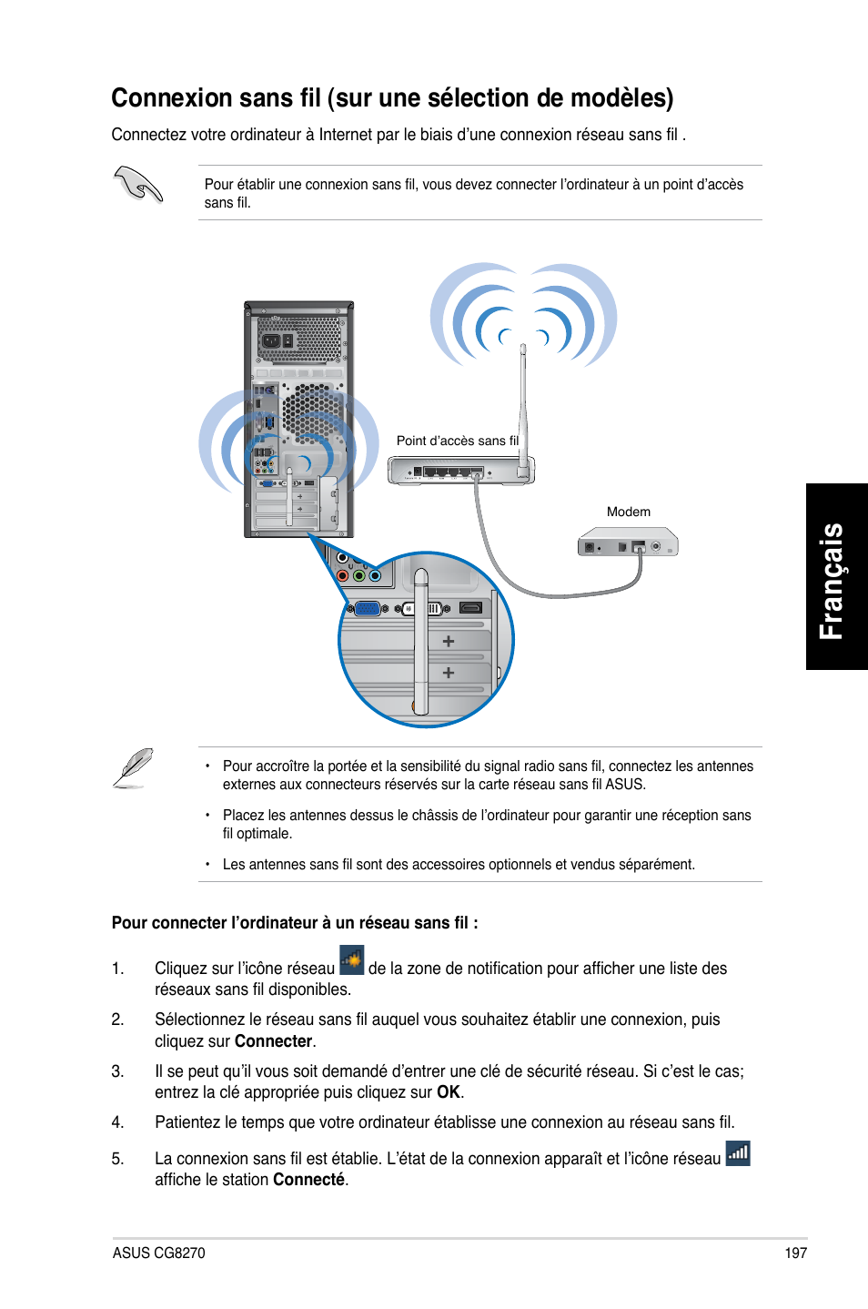 Connexion sans fil (sur une sélection de modèles), Fr an ça is fra nç ais, Connexion sans fil (sur une s�lection de mod�les) | Asus CG8270 User Manual | Page 199 / 536