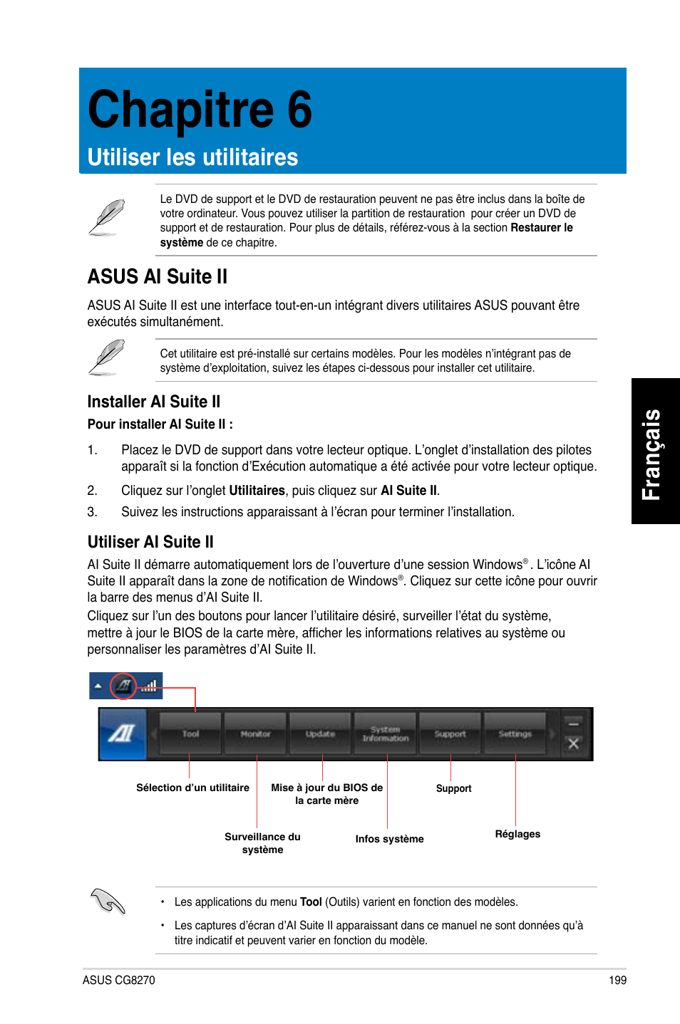 Chapitre 6, Utiliser les utilitaires, Asus ai suite ii | Chapitre.6, Utiliser.les.utilitaires, Fr an ça is fra nç ais, Asus.ai.suite.ii | Asus CG8270 User Manual | Page 201 / 536