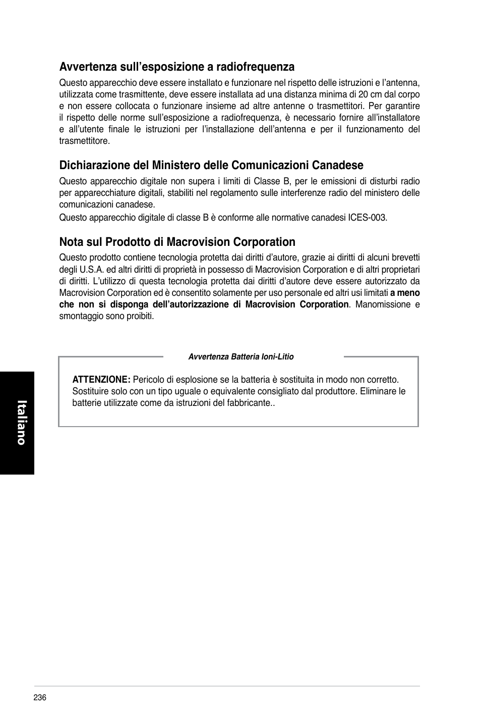 Italiano, Avvertenza.sull’esposizione.a.radiofrequenza, Nota.sul.prodotto.di.macrovision.corporation | Asus CG8270 User Manual | Page 238 / 536