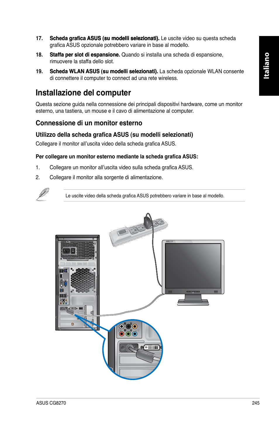 Installazione del computer, Italiano, Connessione.di.un.monitor.esterno | Asus CG8270 User Manual | Page 247 / 536