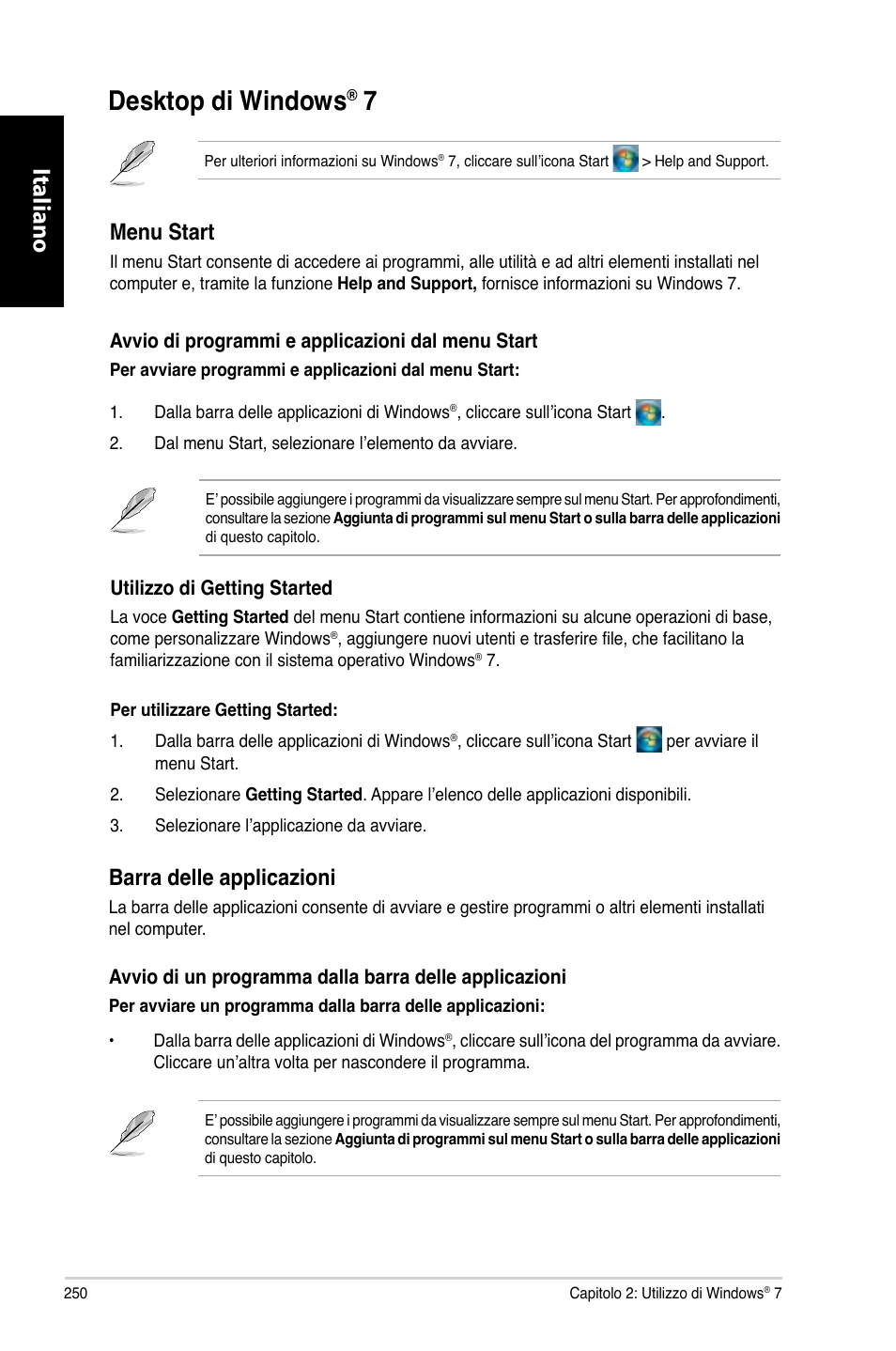 Desktop di windows® 7, Desktop di windows, Desktop.di.windows | Italiano, Menu.start, Barra.delle.applicazioni | Asus CG8270 User Manual | Page 252 / 536