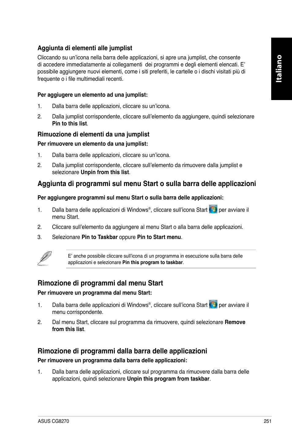 Italiano, Rimozione.di.programmi.dal.menu.start | Asus CG8270 User Manual | Page 253 / 536