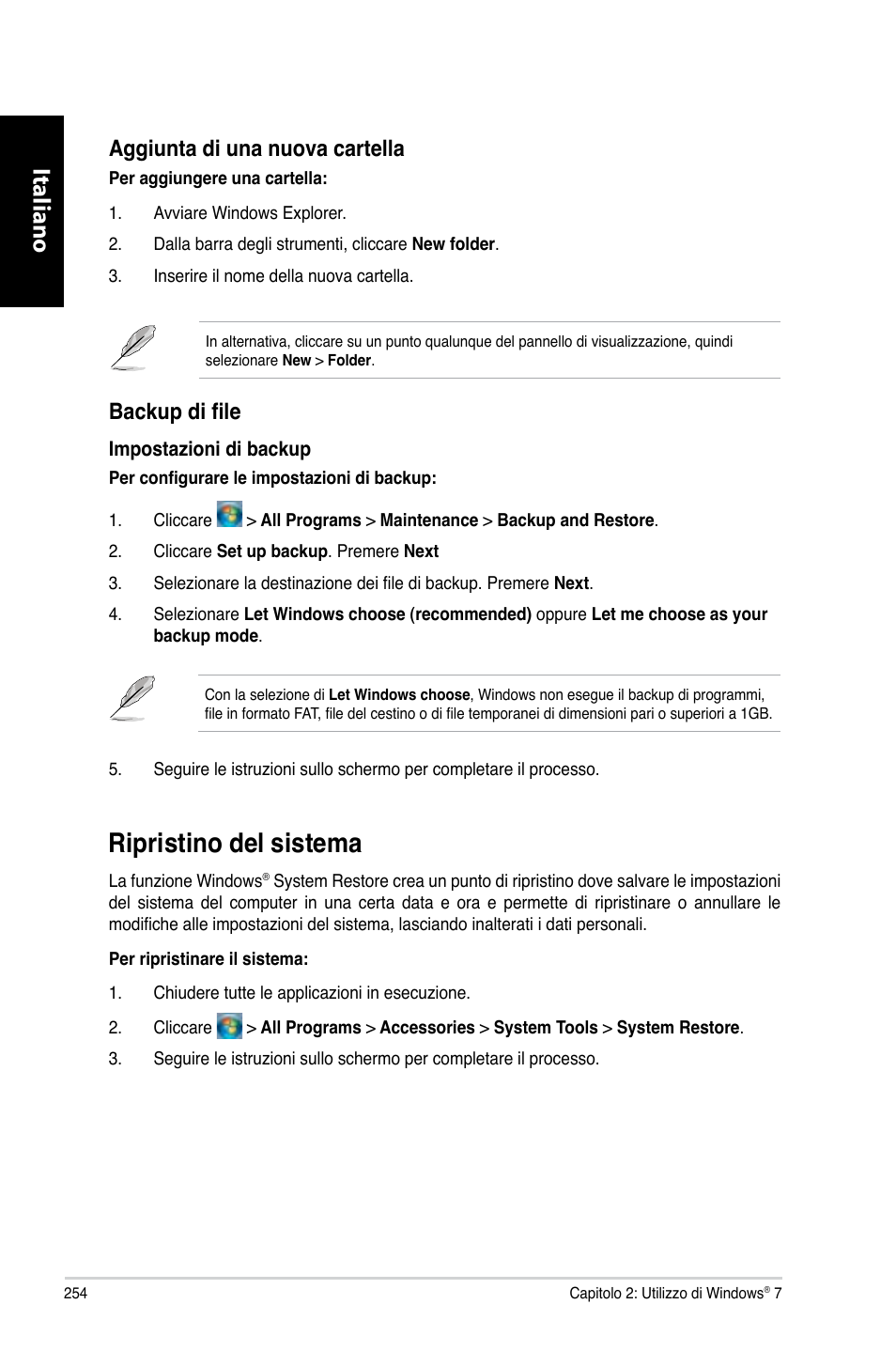 Ripristino del sistema, Ripristino.del.sistema, Italiano | Aggiunta.di.una.nuova.cartella, Backup di file | Asus CG8270 User Manual | Page 256 / 536