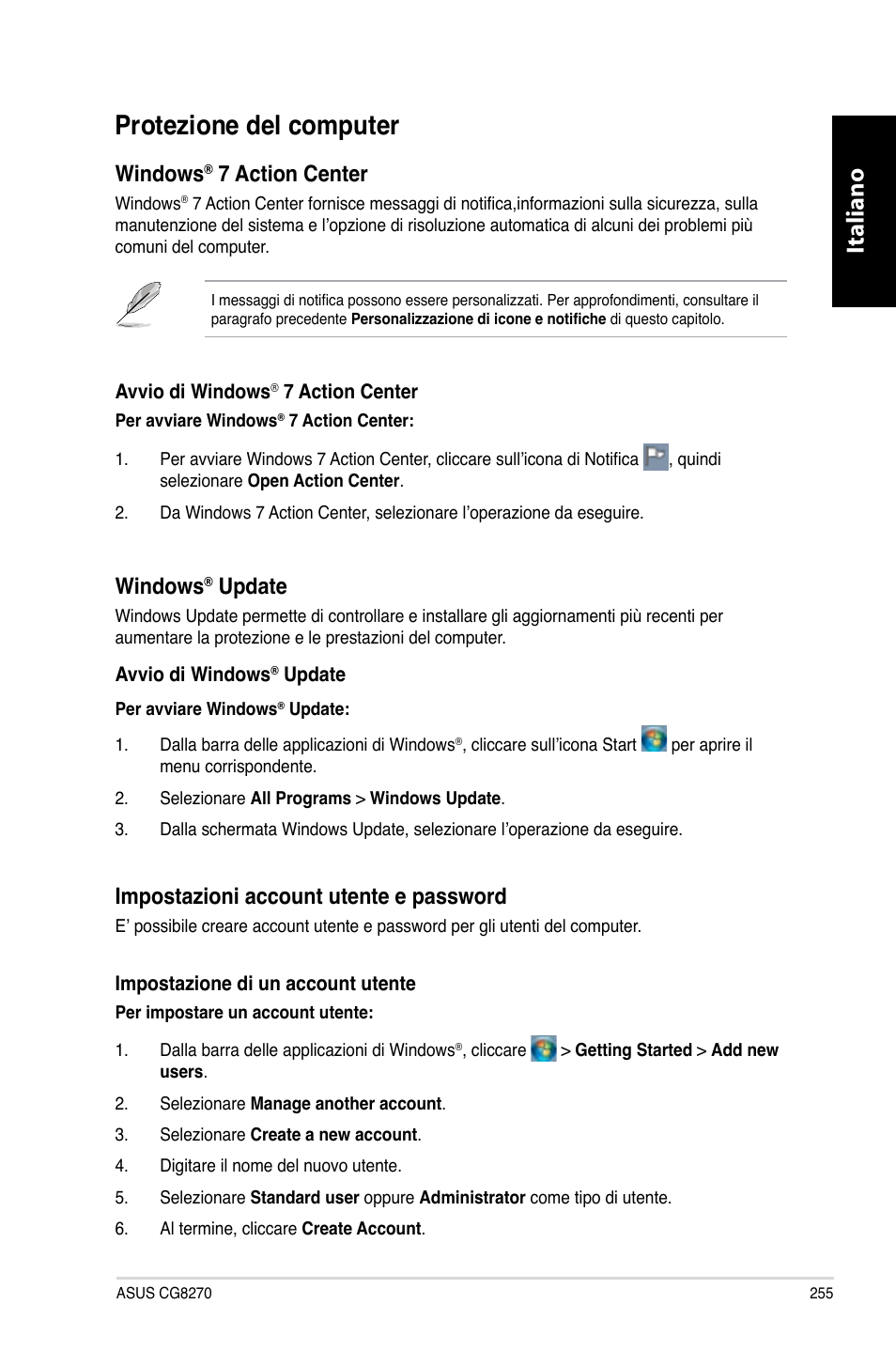 Protezione del computer, Italiano, Windows | Action.center, Update, Impostazioni.account.utente.e.password | Asus CG8270 User Manual | Page 257 / 536