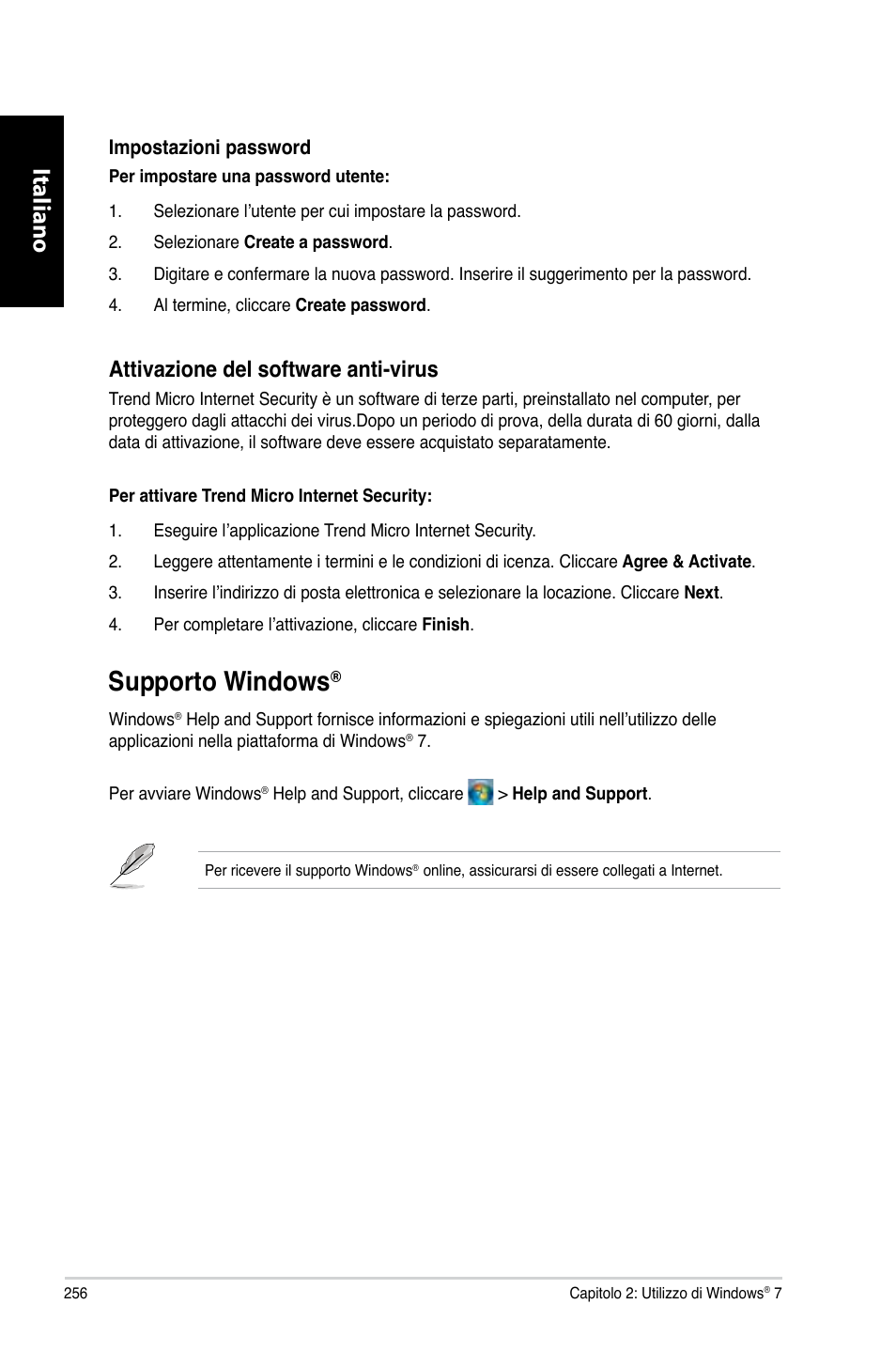 Supporto windows, Supporto.windows, Italiano | Attivazione.del.software.anti-virus | Asus CG8270 User Manual | Page 258 / 536