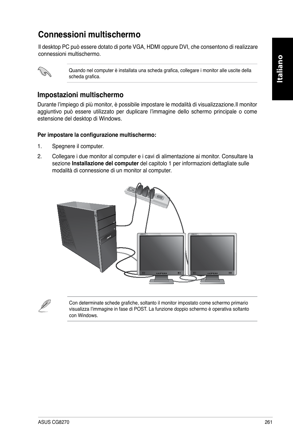 Connessioni multischermo, Connessioni.multischermo, Italiano | Impostazioni.multischermo | Asus CG8270 User Manual | Page 263 / 536