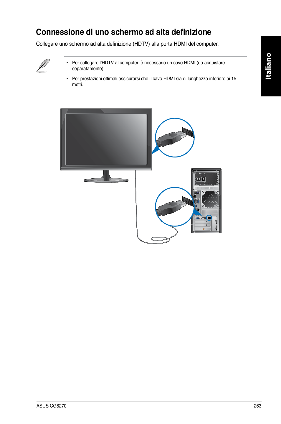 Connessione di uno schermo ad alta definizione, Italiano | Asus CG8270 User Manual | Page 265 / 536