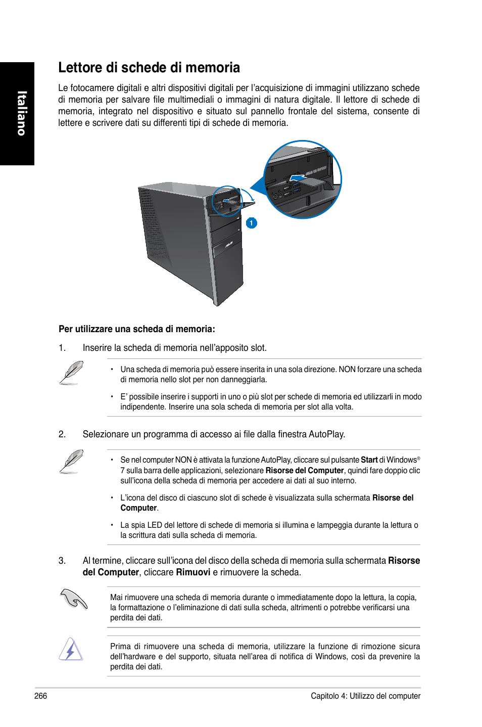 Lettore di schede di memoria, Italiano | Asus CG8270 User Manual | Page 268 / 536